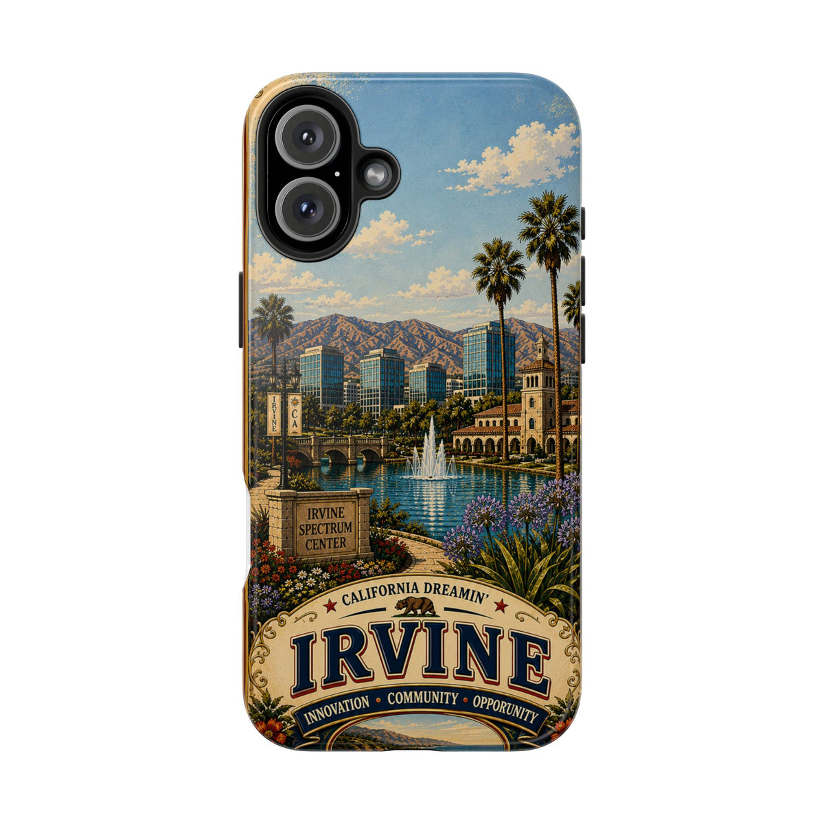 Irvine Faux Patchwork Phone Case – California Dreamin’ Vintage Travel Art, Spectrum Park & Cityscape Cover