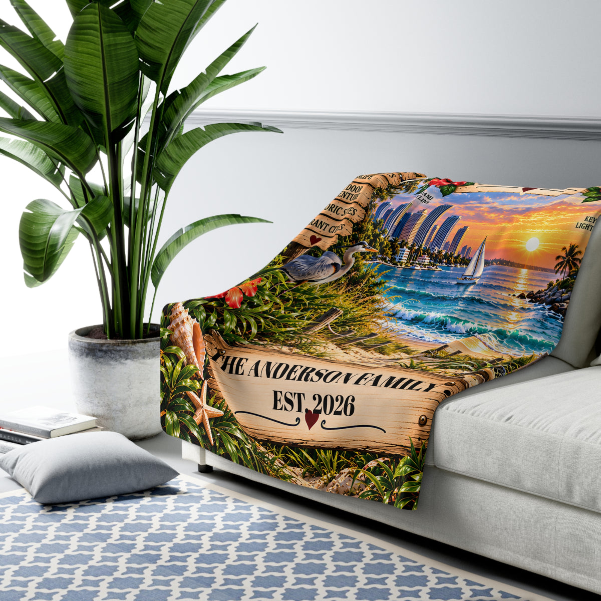 Florida Personalized Sherpa Fleece Blanket, Sunshine State Coastal Landmarks, Custom Family Name