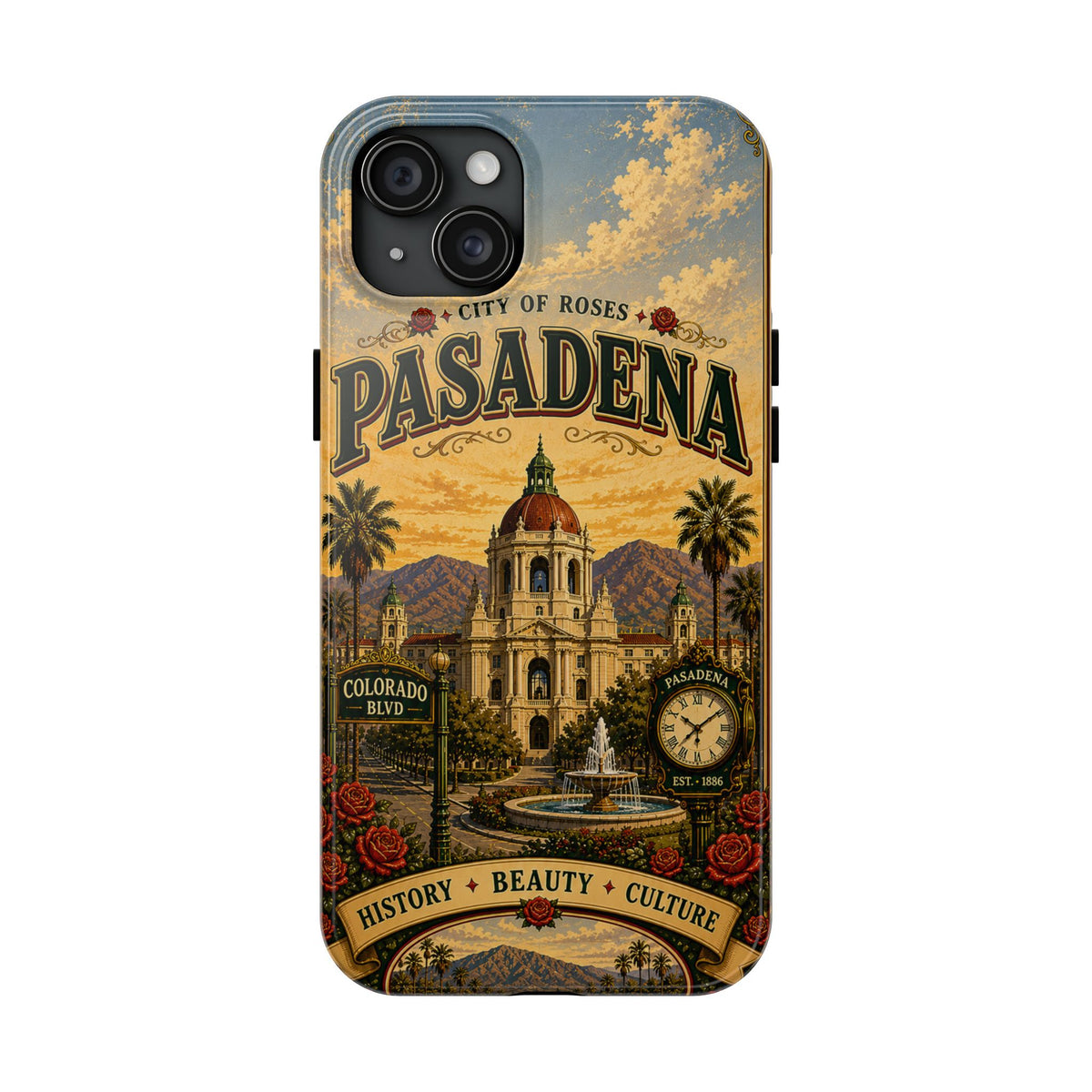Pasadena City of Roses Faux Patchwork Phone Case – Vintage California Landmark Travel Art Cover