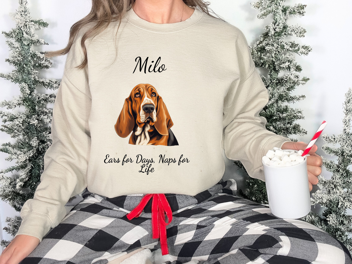 Personalized Basset Hound Sweatshirt – “Ears for Days, Naps for Life” | Unisex Christmas Gift for Dog Lovers, Pet Gift