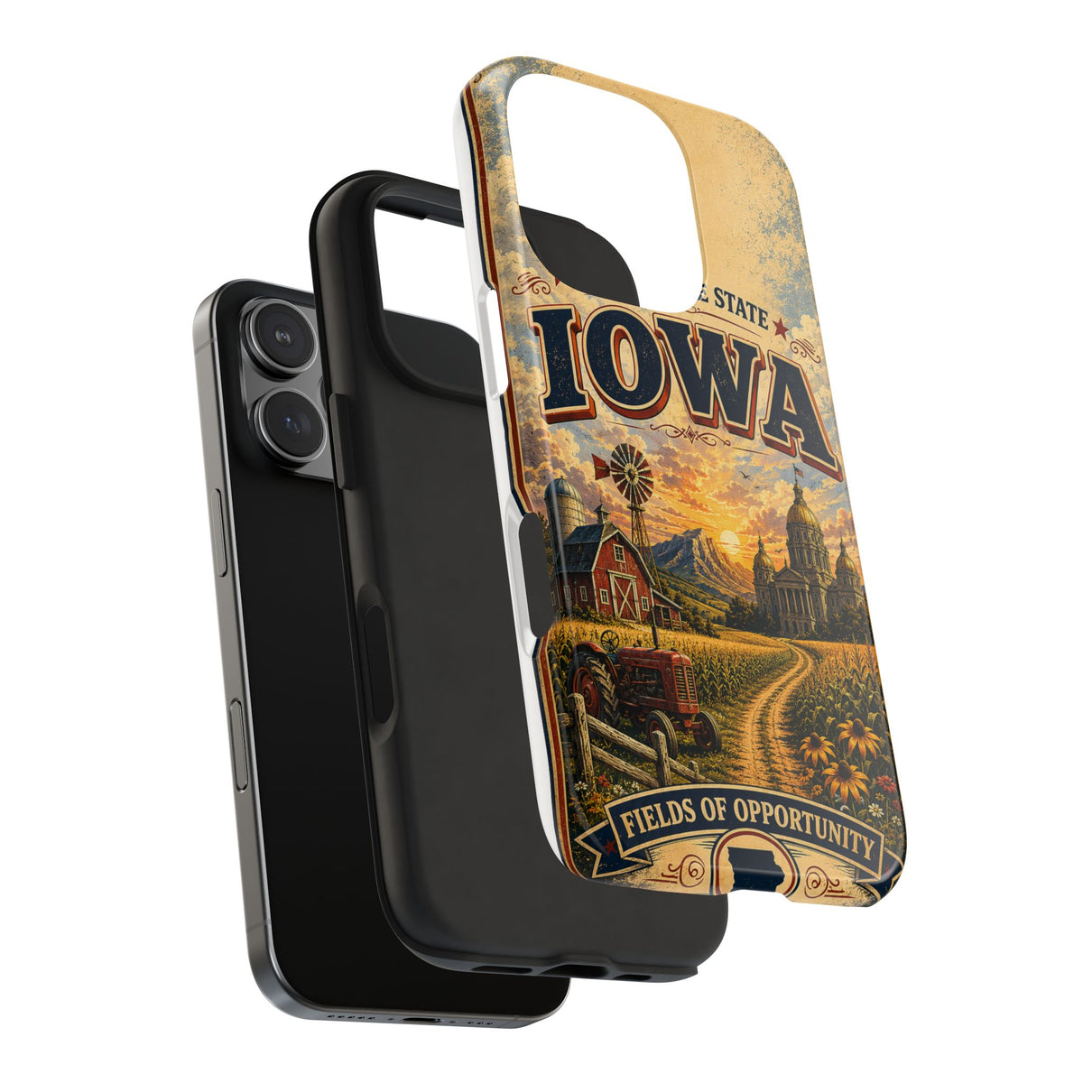 Iowa Hawkeye State Faux Patchwork Phone Case – Vintage Travel Poster Style Iowa Souvenir Cover for iPhone & Samsung