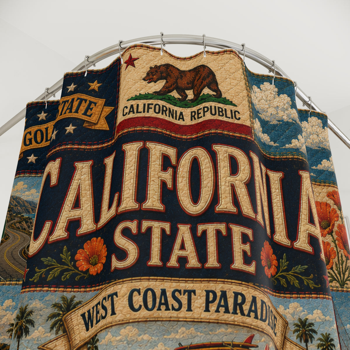 California State Shower Curtain Golden State Faux Patchwork West Coast Paradise Iconic Landmarks California Dreamin Bathroom Decor