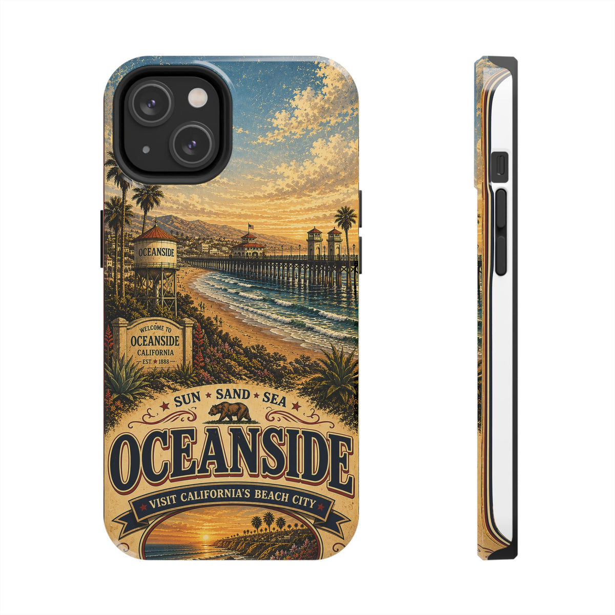 Oceanside Sunset Pier Faux Patchwork Phone Case – California Coastal Vintage Travel Art Beach Cover