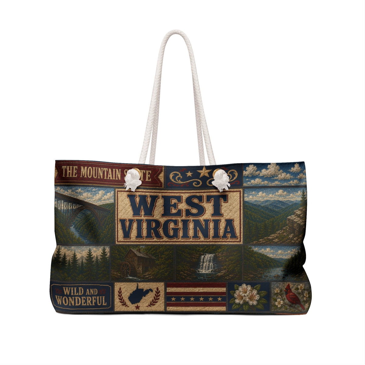 West Virginia Weekender Bag Wild and Wonderful Faux Patchwork Travel Tote Mountain State Adventure Overnight Gift