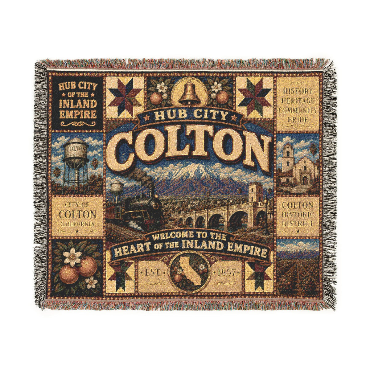 Colton City Landmark Woven Blanket — Vintage Map & Skyline Throw