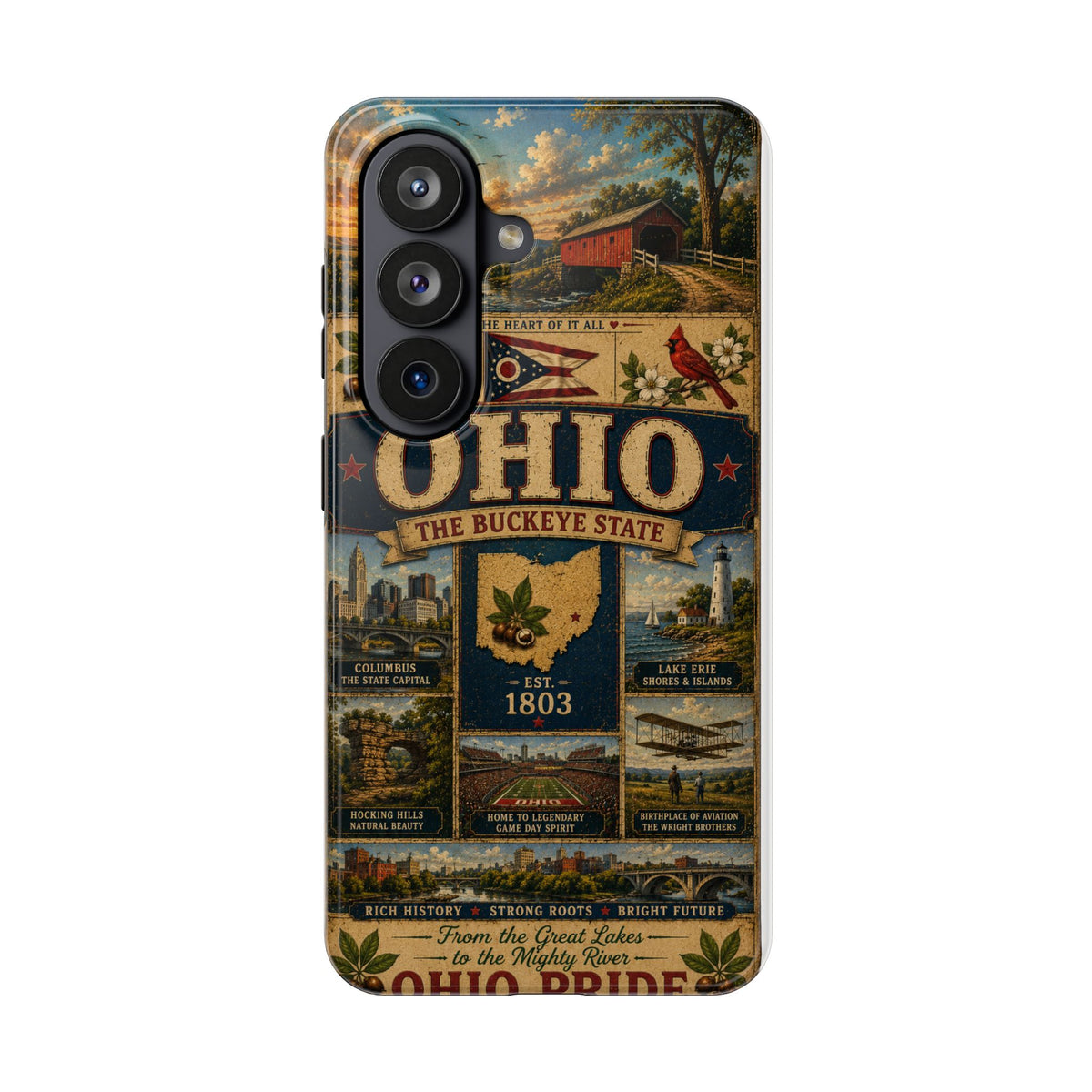 Ohio Faux Patchwork Phone Case Buckeye State Vintage Travel Poster Retro State Pride Cover Est 1803 for iPhone & Samsung