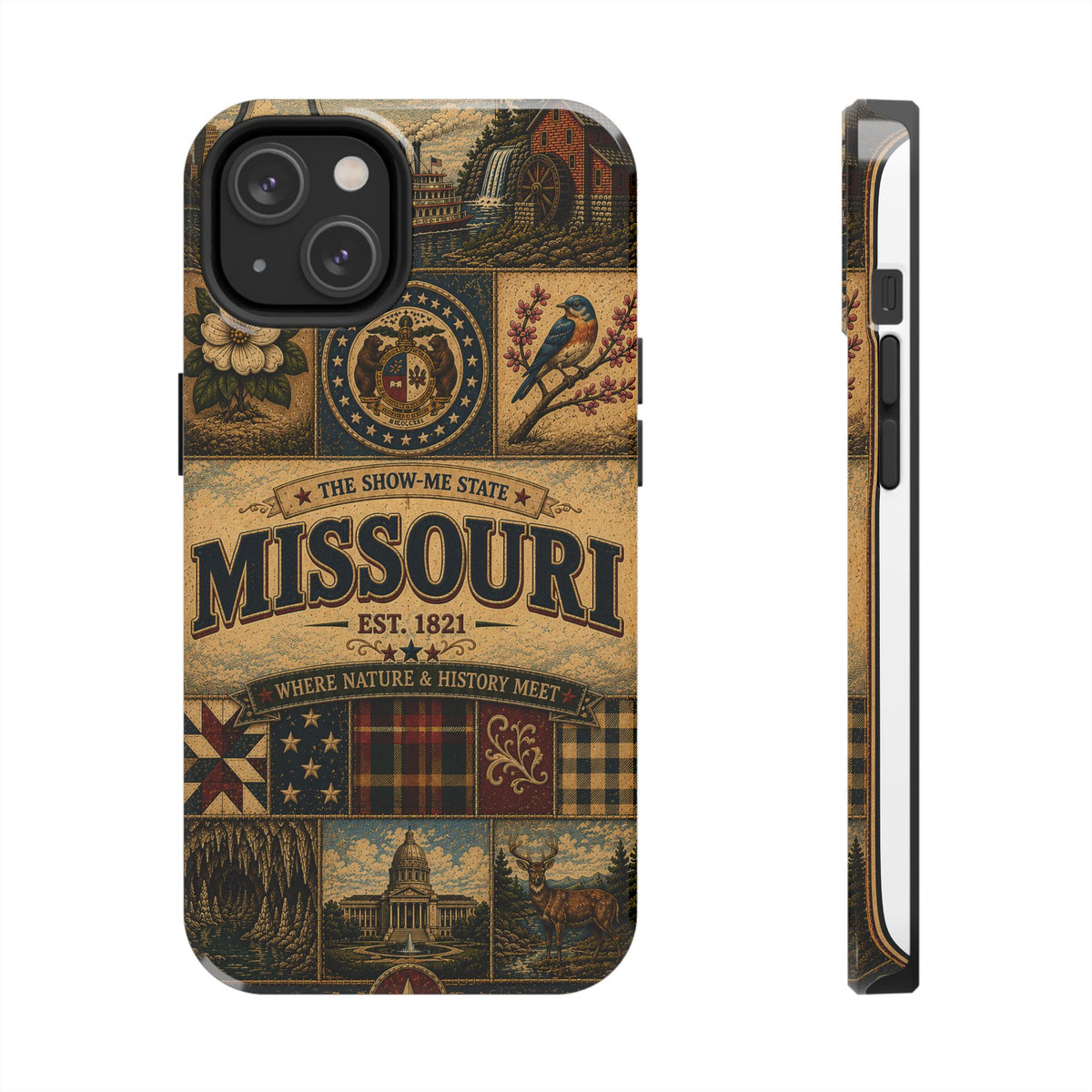 Missouri Show Me State Faux Patchwork Phone Case – Vintage Travel Poster Gateway Arch & Riverboat Cover for iPhone & Samsung