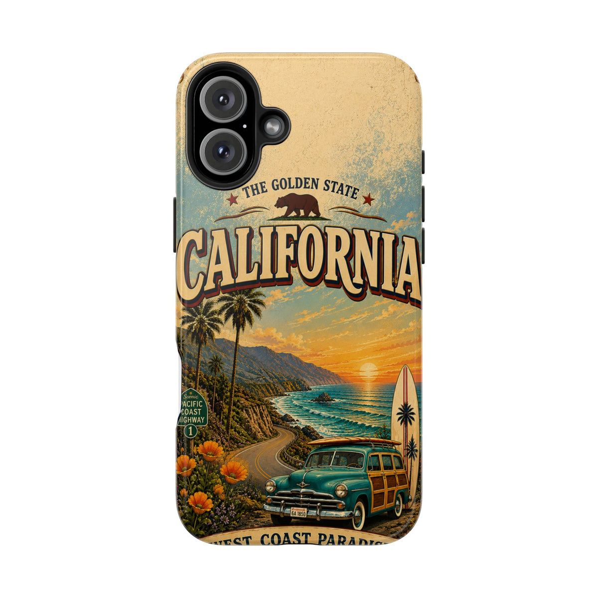 California Golden State Faux Patchwork Phone Case Vintage Travel Poster Retro State Pride Cover