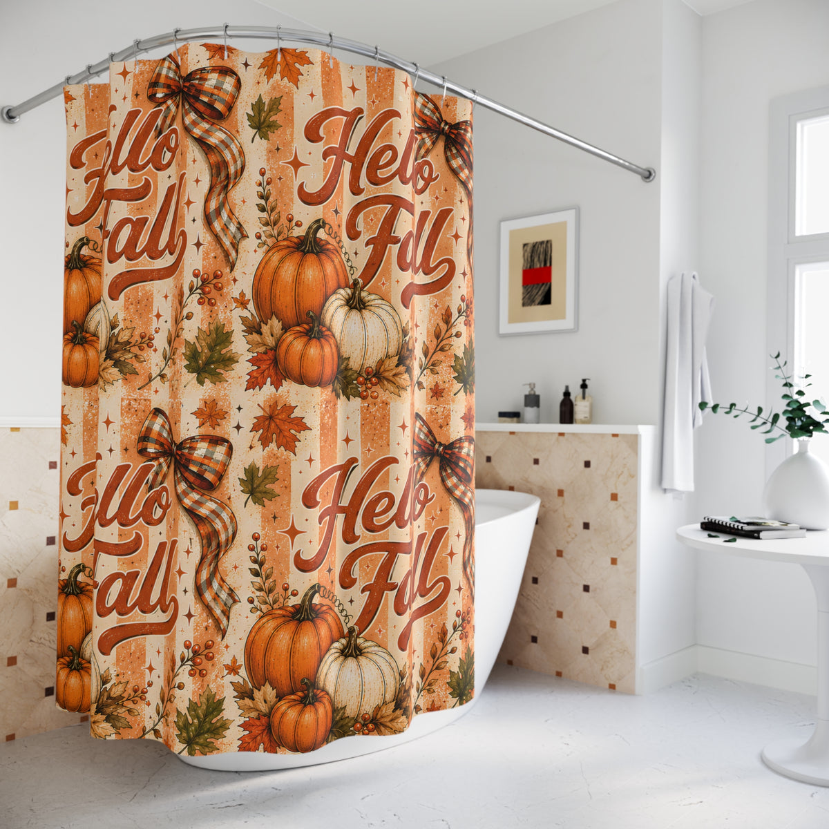 Hello Fall Shower Curtain Pumpkin Patch Autumn Leaves Plaid Bows Rustic Farmhouse Harvest Thanksgiving Bathroom Decor