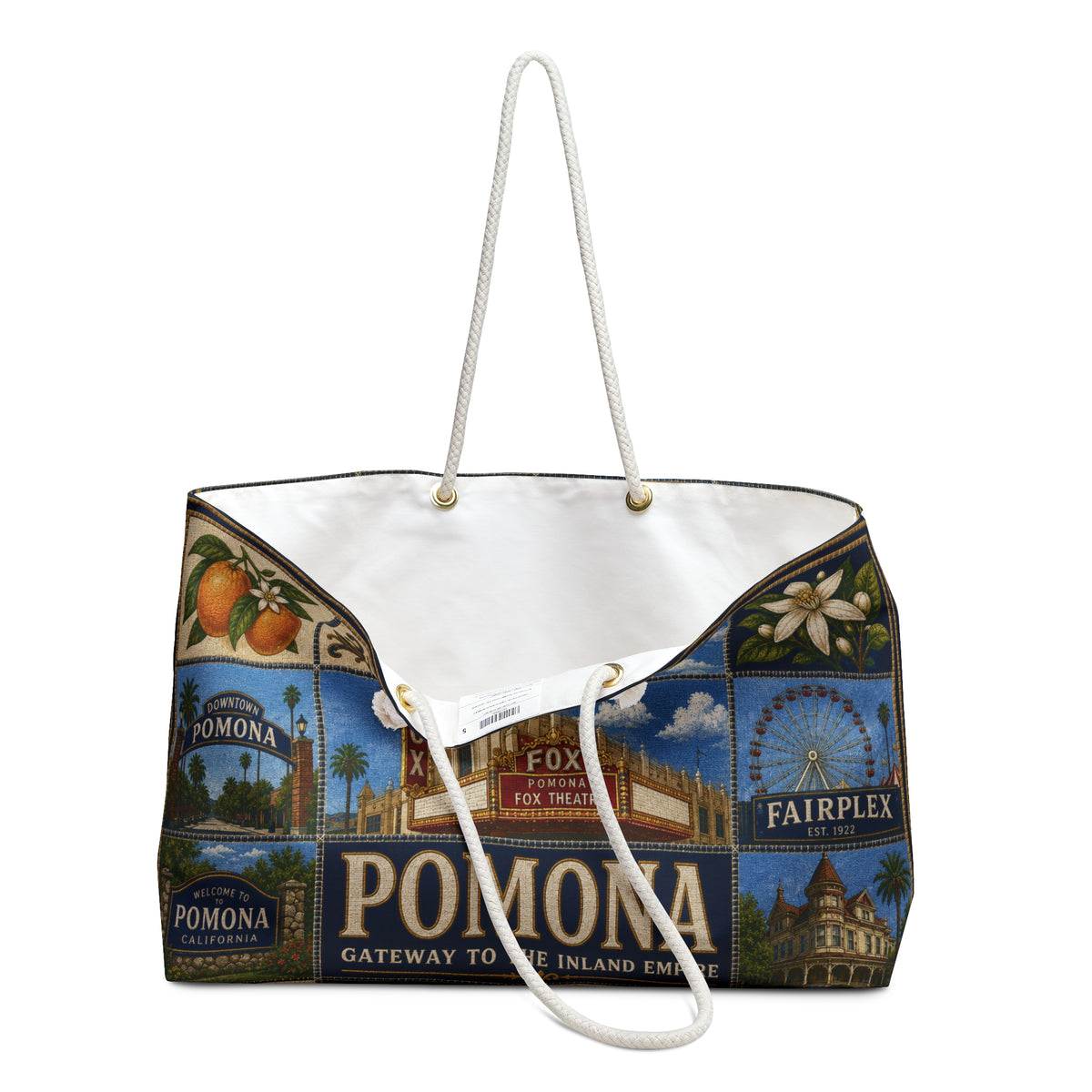 Pomona California Weekender Bag Gateway to the Inland Empire Faux Patchwork Travel Tote Historic City Getaway Gift