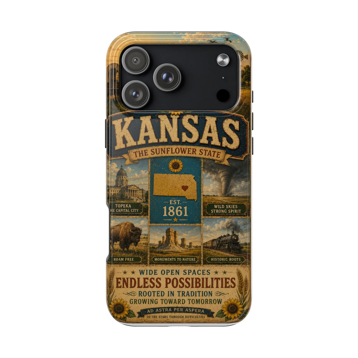 Kansas Faux Patchwork Phone Case – The Sunflower State Vintage Travel Poster Retro State Pride Cover Est 1861 for iPhone & Samsung