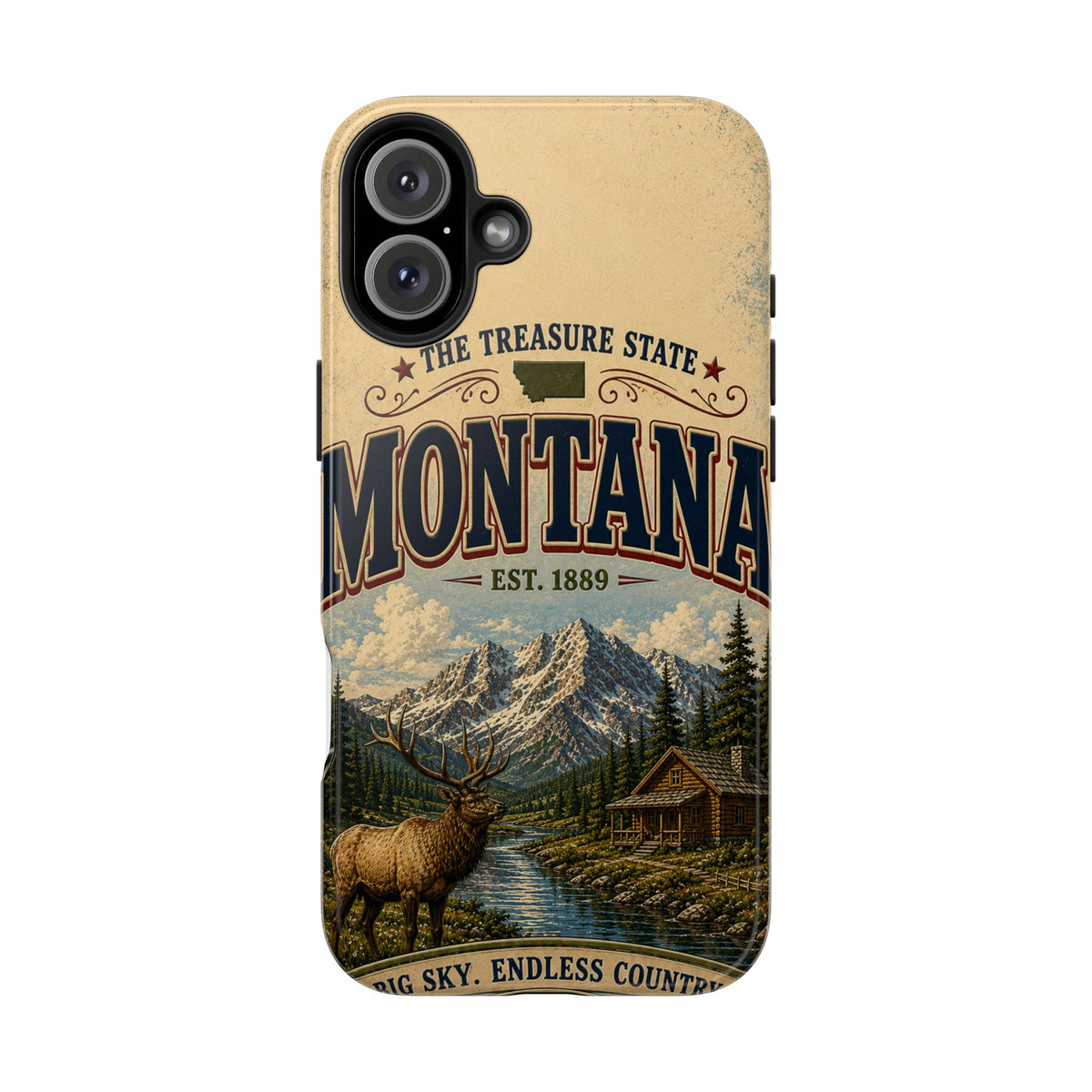 Montana Big Sky Country Faux Patchwork Phone Case – Vintage Travel Poster Scenic Mountain Design for iPhone & Samsung