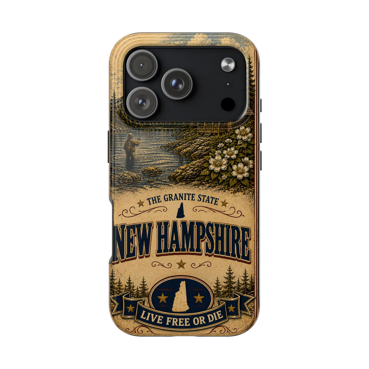 New Hampshire Faux Patchwork Phone Case Live Free or Die Granite State Vintage Travel Poster iPhone 17 Samsung S26 Cover