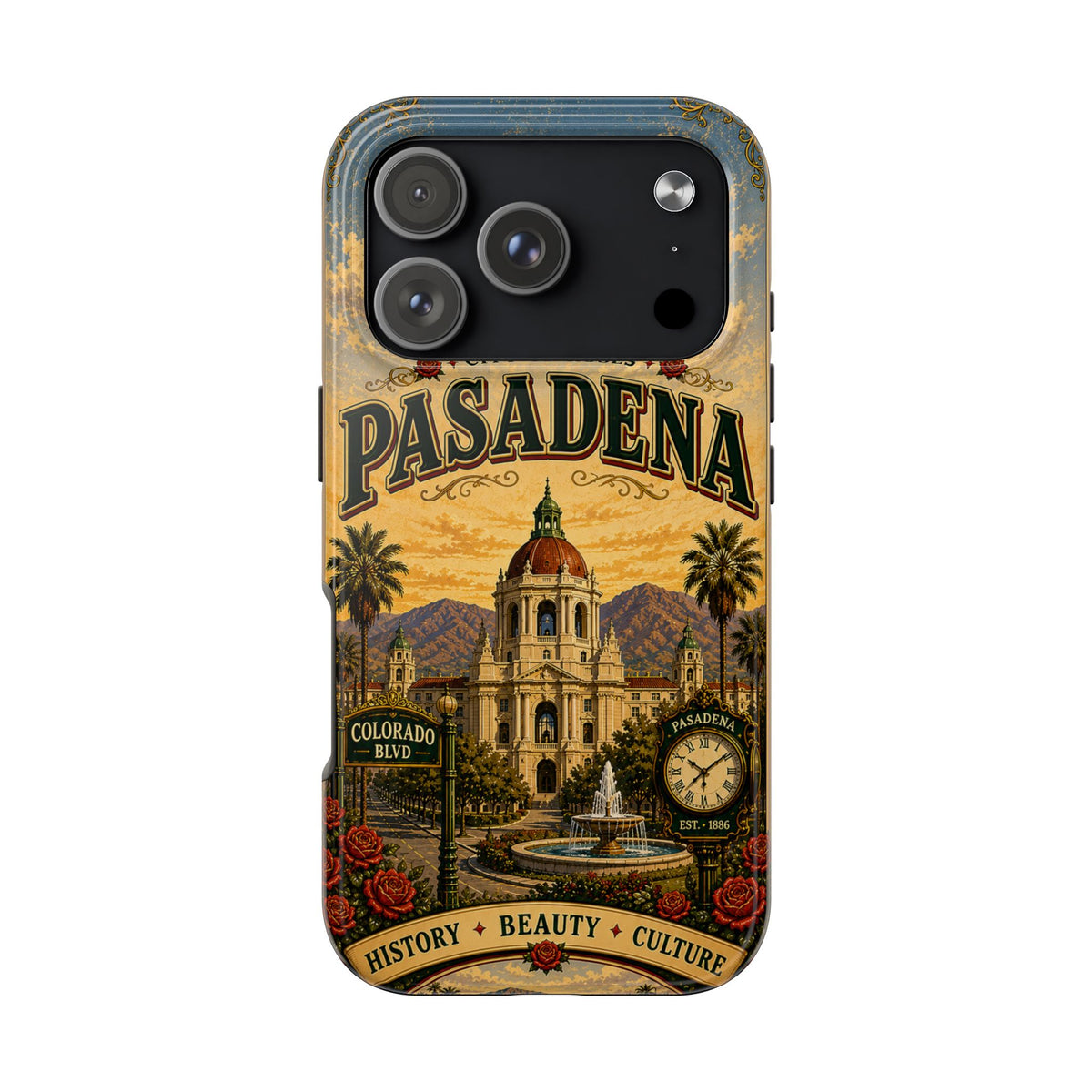 Pasadena City of Roses Faux Patchwork Phone Case – Vintage California Landmark Travel Art Cover