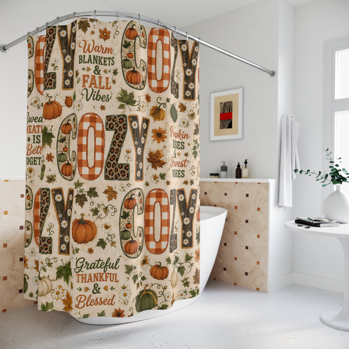 Cozy Fall Shower Curtain Faux Patchwork Pumpkins Leopard Gingham Autumn Leaves Grateful Thankful Blessed Farmhouse Decor
