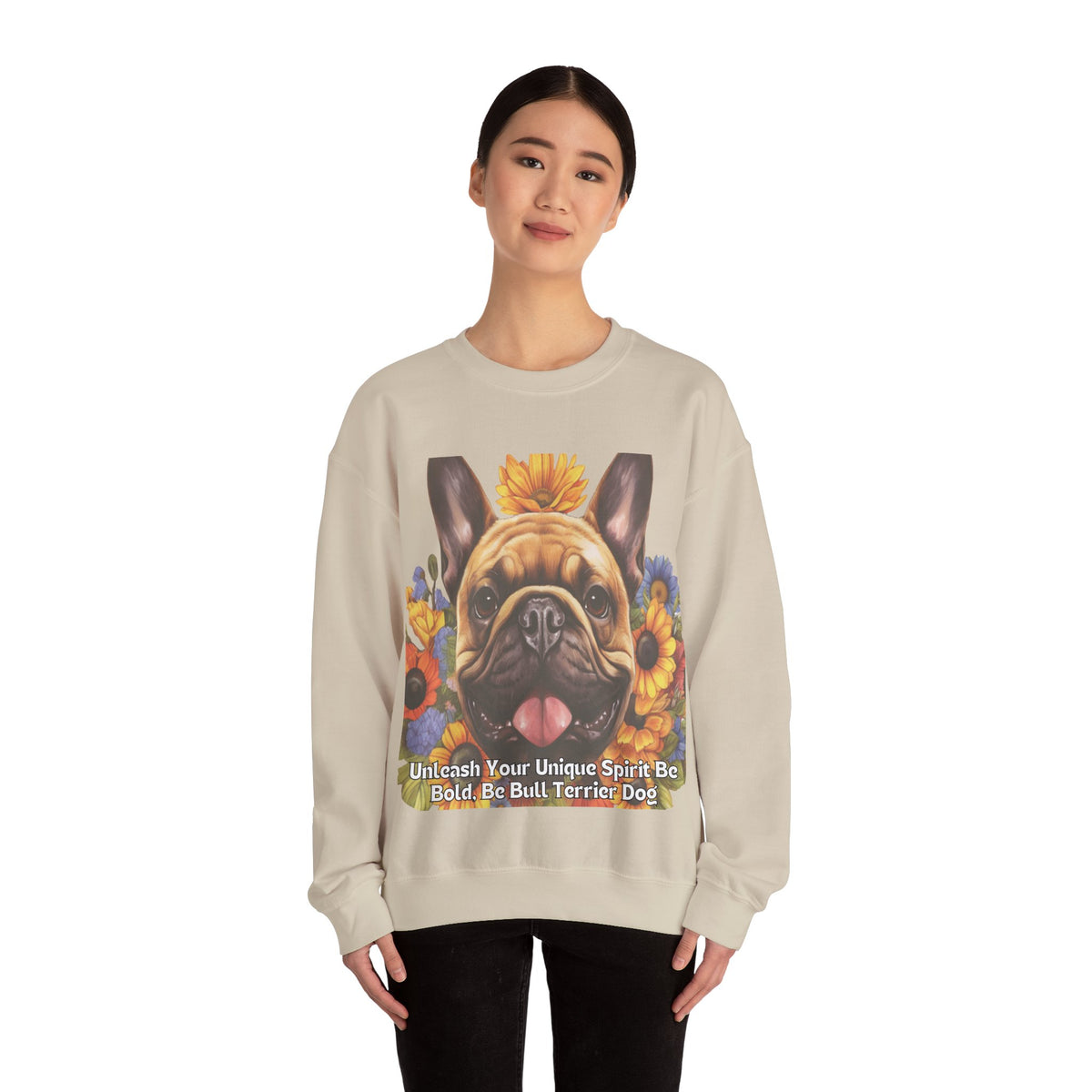 Copy of Bull Terrier Sunflower Sweatshirt – 'Unleash Your Unique Spirit' Front & Back Design