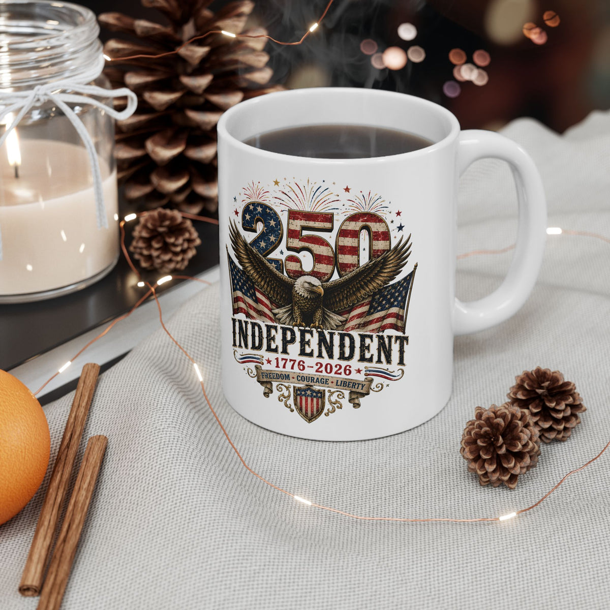 250 Years Independent Eagle Mug Patriotic Faux Patchwork American Flag Coffee Cup USA 1776 2026 Anniversary Gift
