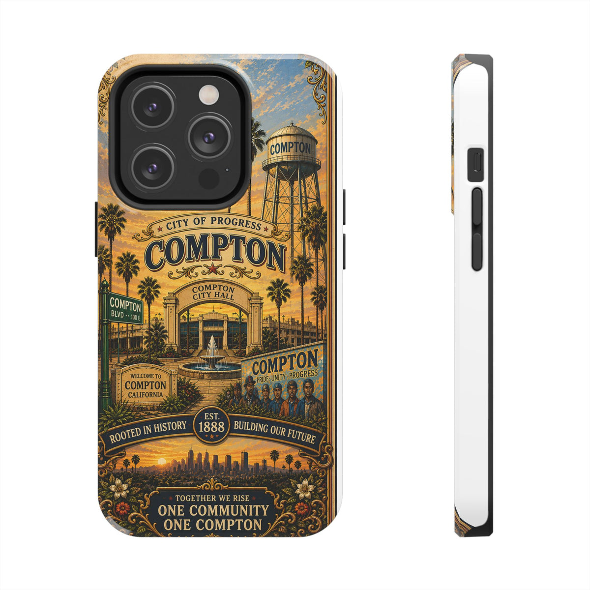 Compton Heritage Tough PhoCompton California Vintage Travel Phone Case City of Progress Retro Skyline Landmark Coverne Case — "One Community, One Compton" Vintage City Design