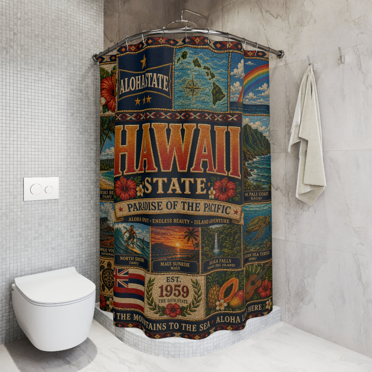 Hawaii State Shower Curtain Aloha State Faux Patchwork Paradise of the Pacific Tropical Island Landmarks Hawaiian Bathroom Decor