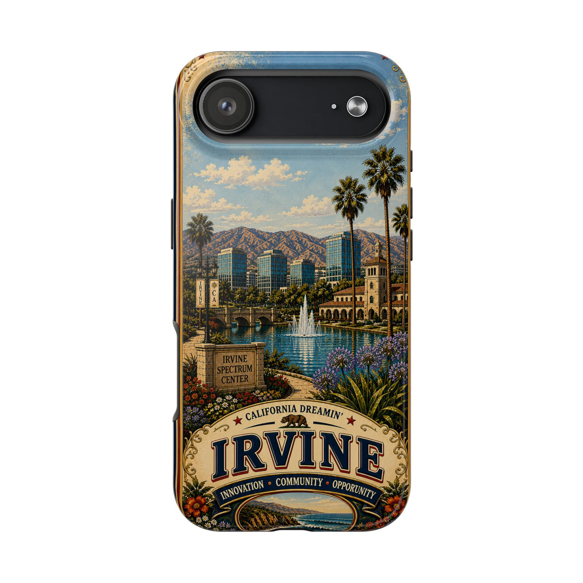 Irvine Faux Patchwork Phone Case – California Dreamin’ Vintage Travel Art, Spectrum Park & Cityscape Cover