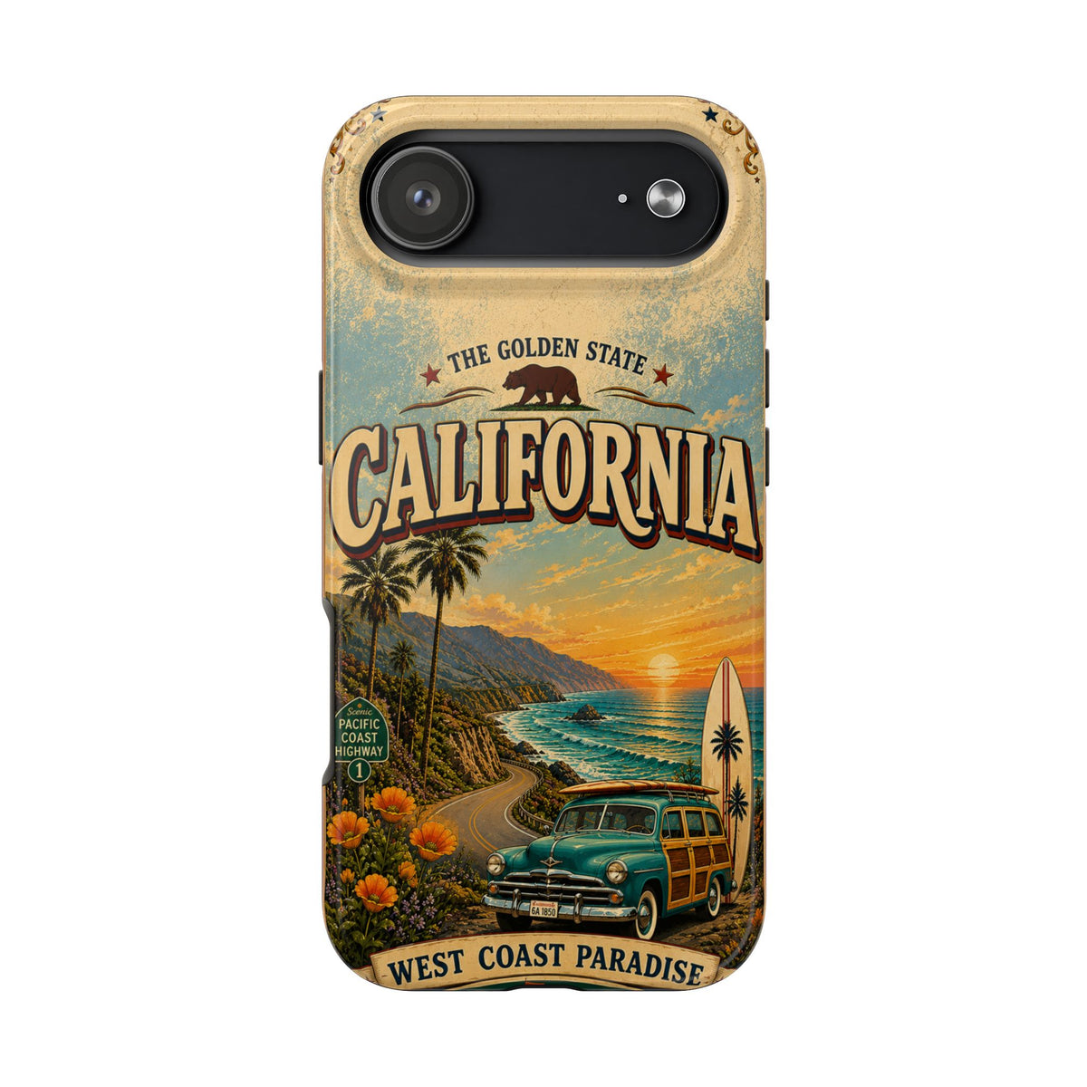 California Golden State Faux Patchwork Phone Case Vintage Travel Poster Retro State Pride Cover