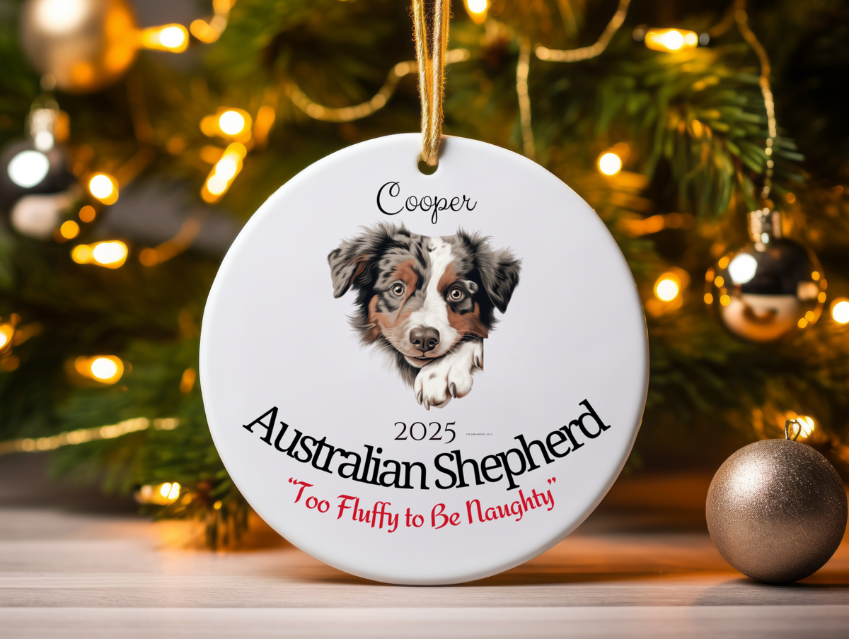 Australian Shepherd “Too Fluffy to Be Naughty” Personalized Pet Ornament with Photo & Name – Funny Custom Dog Christmas Ornament