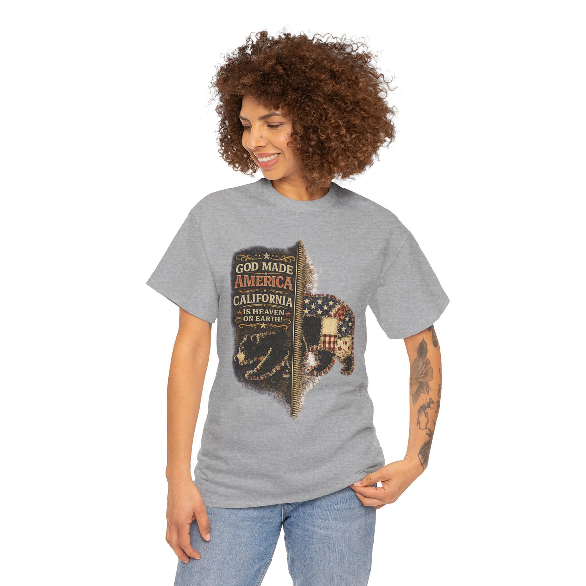 California Buffalo Patriotic T-Shirt — "God Made America, California Is Heaven on Earth"