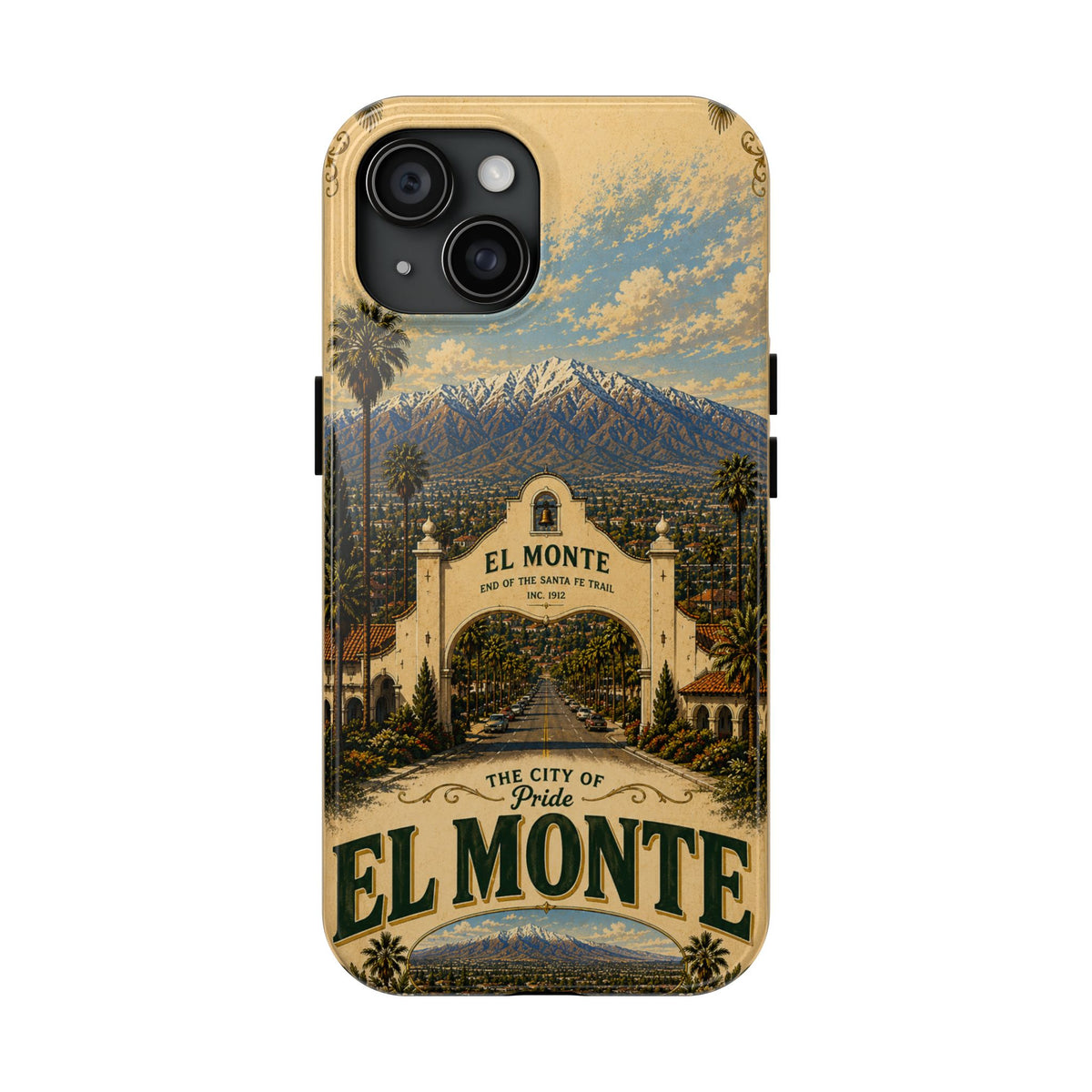 El Monte Faux Patchwork Phone Case – Santa Fe Trail Historic Archway Retro Travel Cover for iPhone 17 Samsung S26