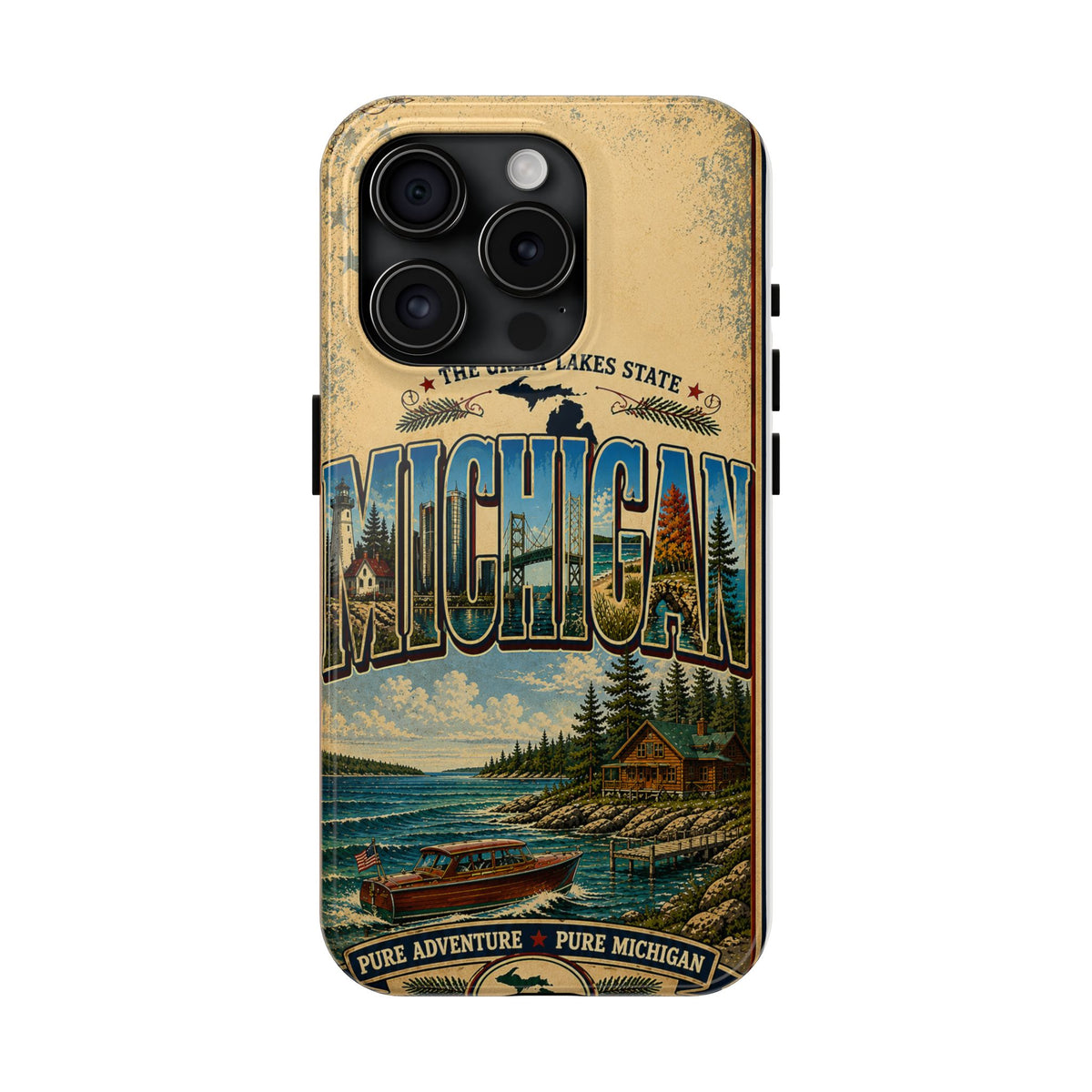 Michigan Great Lakes Faux Patchwork Phone Case – Vintage Travel Poster Style Michigan State Pride Cover for iPhone & Samsung