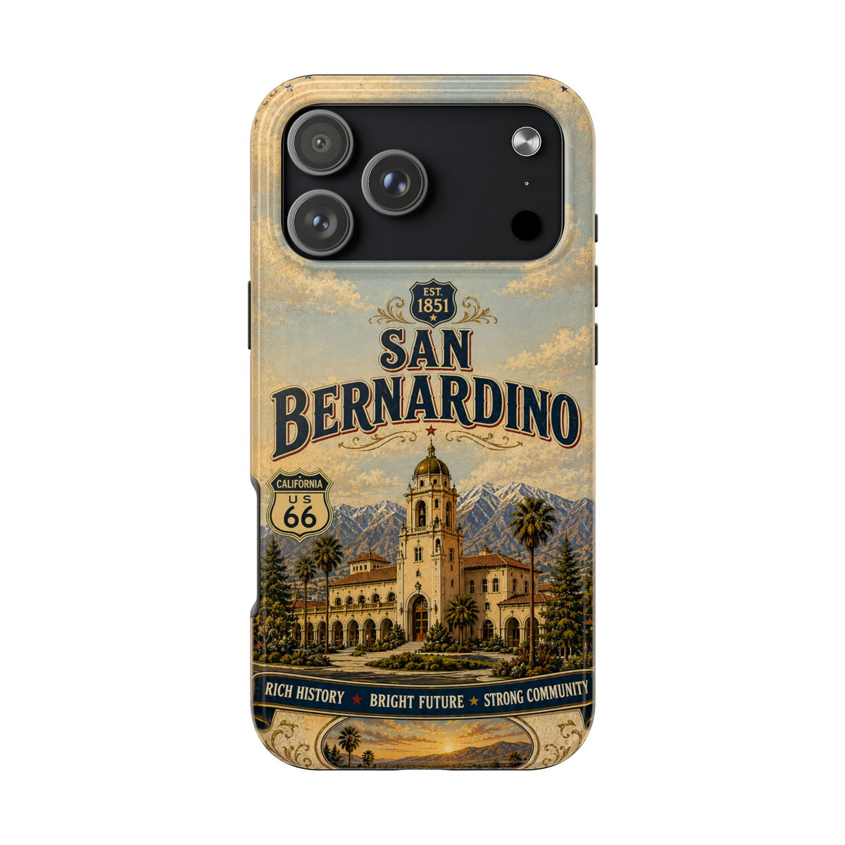 San Bernardino Route 66 Faux Patchwork Phone Case Vintage California Travel Poster Mountain Landmark Cover