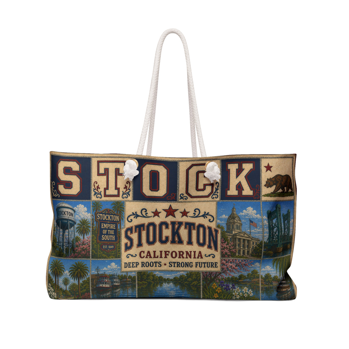 Stockton California Weekender Bag Deep Roots Strong Future Faux Patchwork Travel Tote Vintage River City Getaway Gift