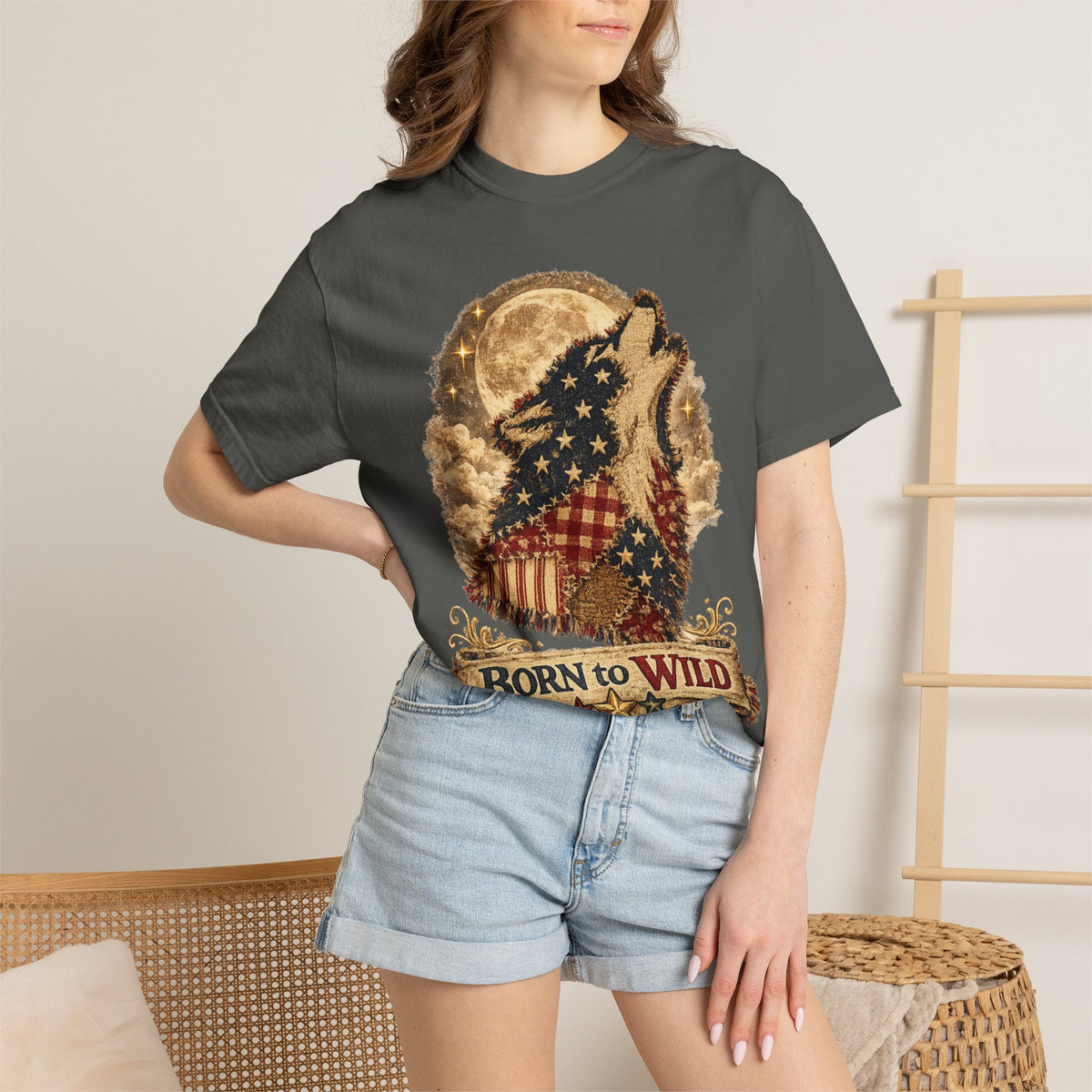 Born to Wild American Flag Wolf T-Shirt