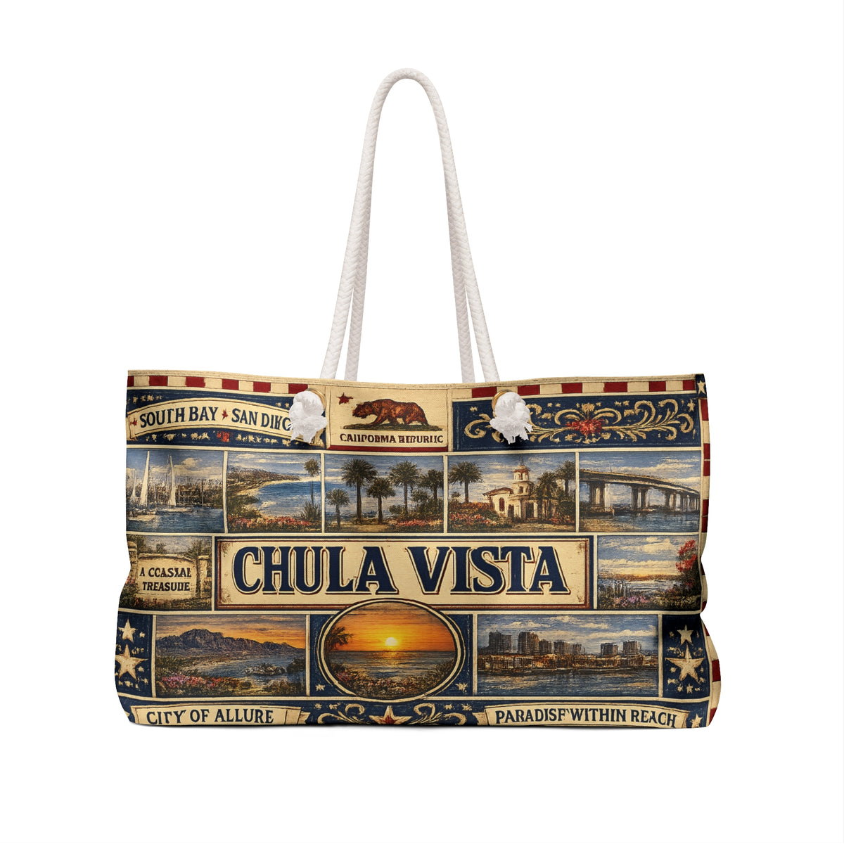 Chula Vista California Weekender Bag South Bay San Diego Faux Patchwork Travel Tote Coastal Paradise Getaway Gift