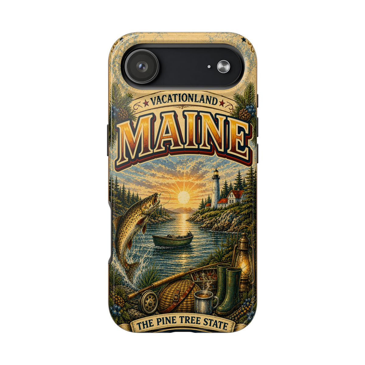 Maine Vacationland Faux Patchwork Phone Case – Vintage Travel Poster Style Coastal Maine Souvenir Cover for iPhone & Samsung