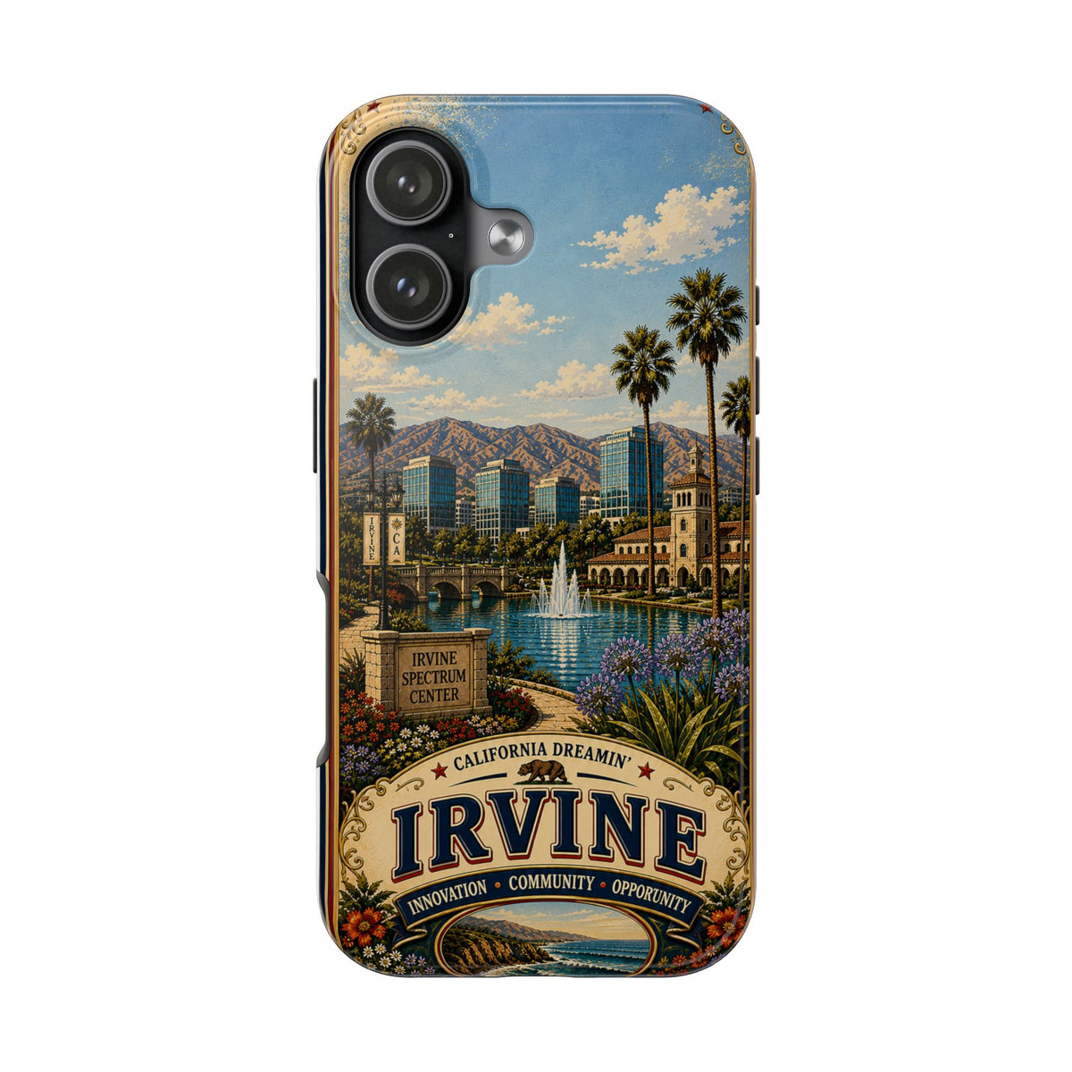 Irvine Faux Patchwork Phone Case – California Dreamin’ Vintage Travel Art, Spectrum Park & Cityscape Cover