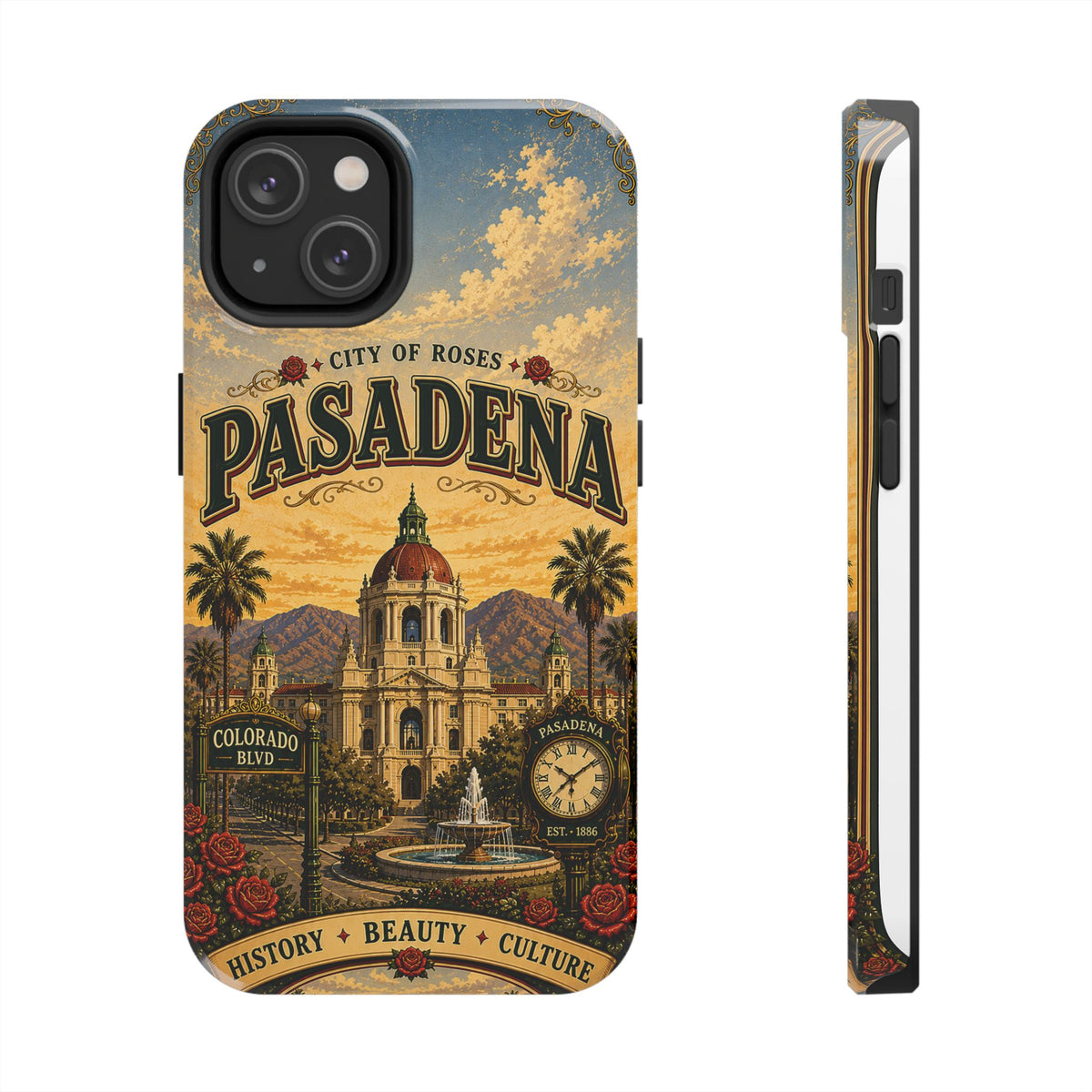 Pasadena City of Roses Faux Patchwork Phone Case – Vintage California Landmark Travel Art Cover
