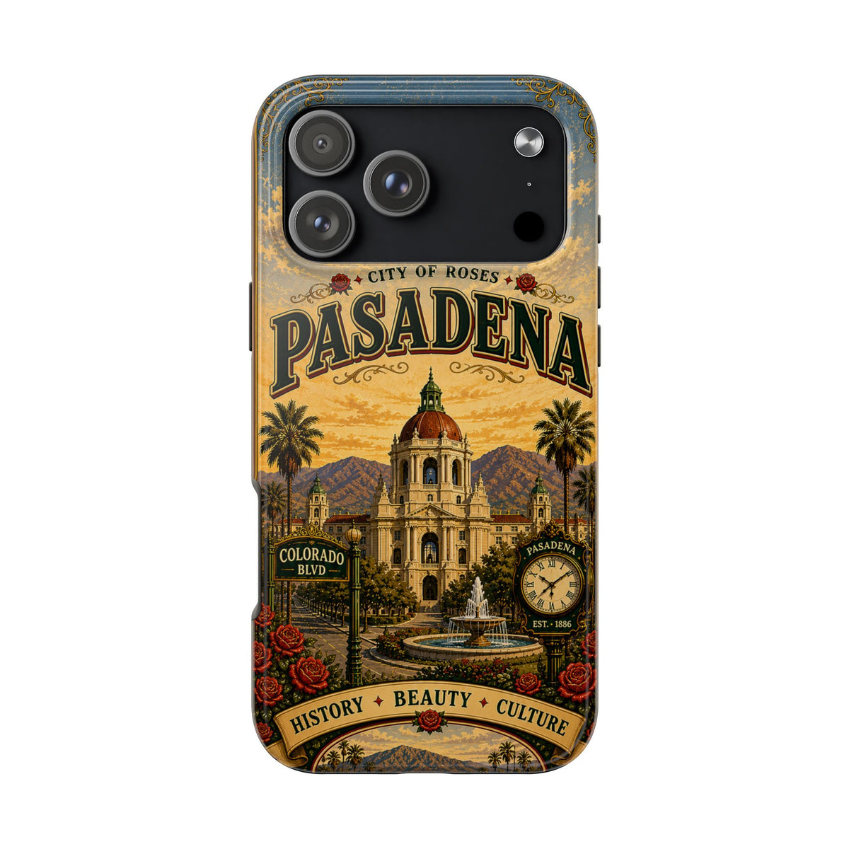 Pasadena City of Roses Faux Patchwork Phone Case – Vintage California Landmark Travel Art Cover