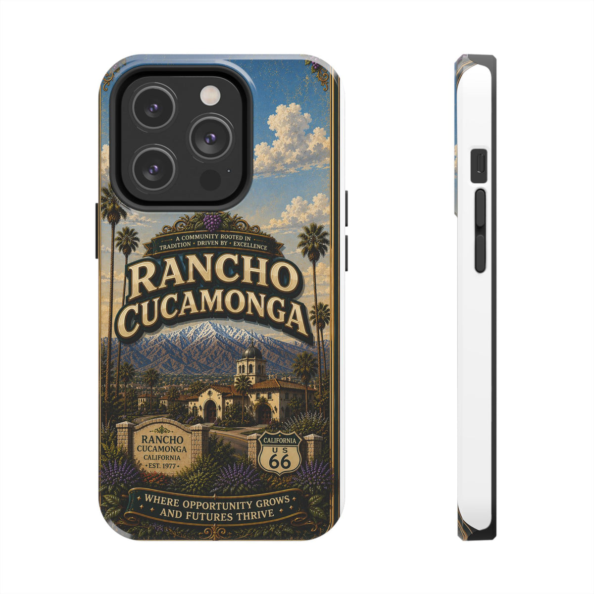 Rancho Cucamonga Where Opportunity Grows Faux Patchwork Phone Case – Route 66 Vintage Travel Art Cover