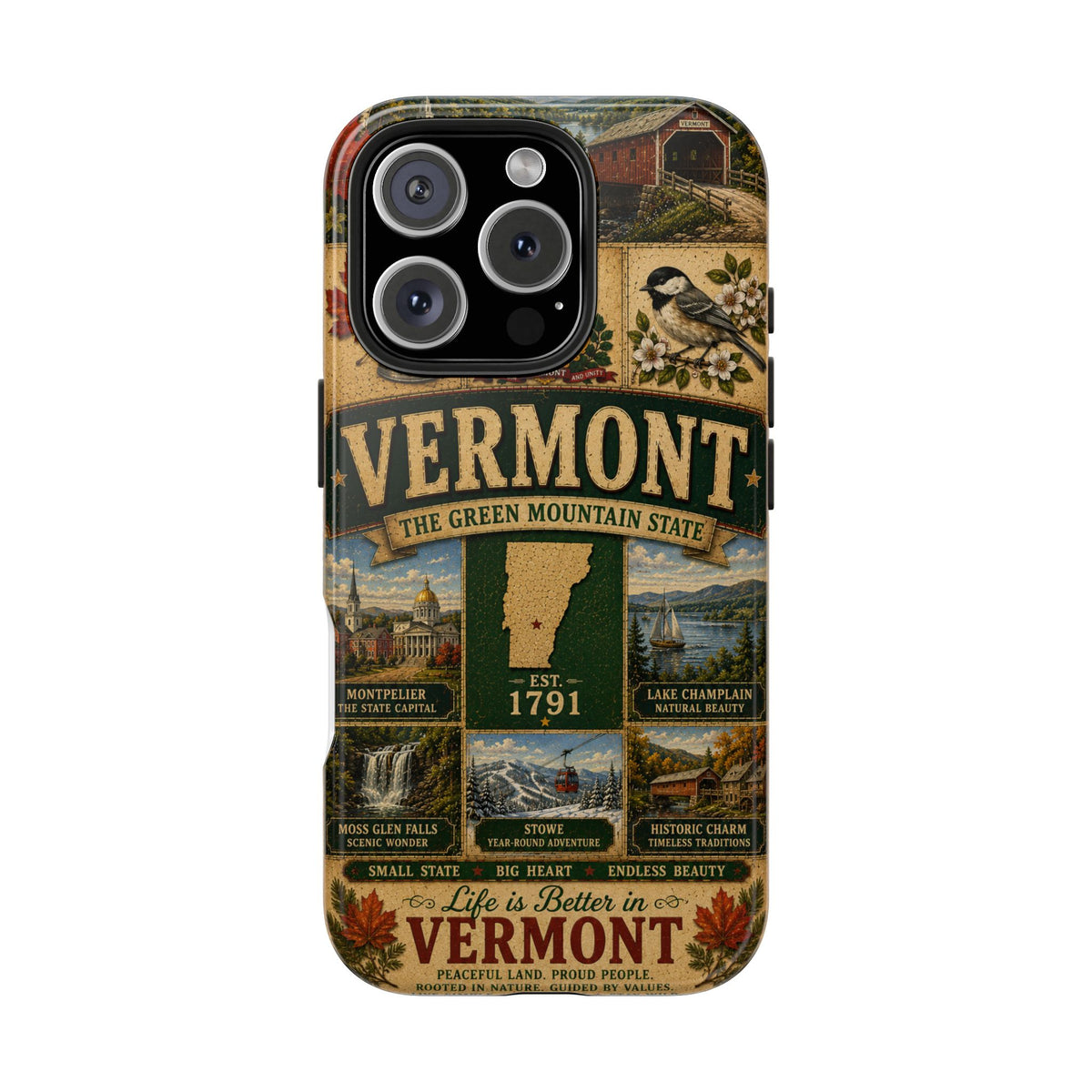 Vermont Faux Patchwork Phone Case The Green Mountain State Vintage Travel Poster Retro State Pride Cover Est 1791