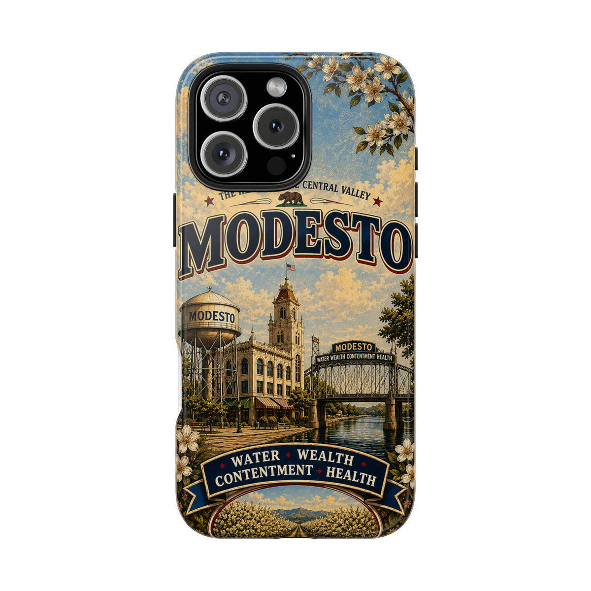 Modesto Faux Patchwork Phone Case – Central Valley Heritage Retro Travel Art, Orchard & Waterfront Cover