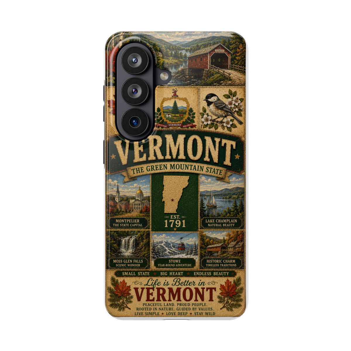 Vermont Faux Patchwork Phone Case The Green Mountain State Vintage Travel Poster Retro State Pride Cover Est 1791