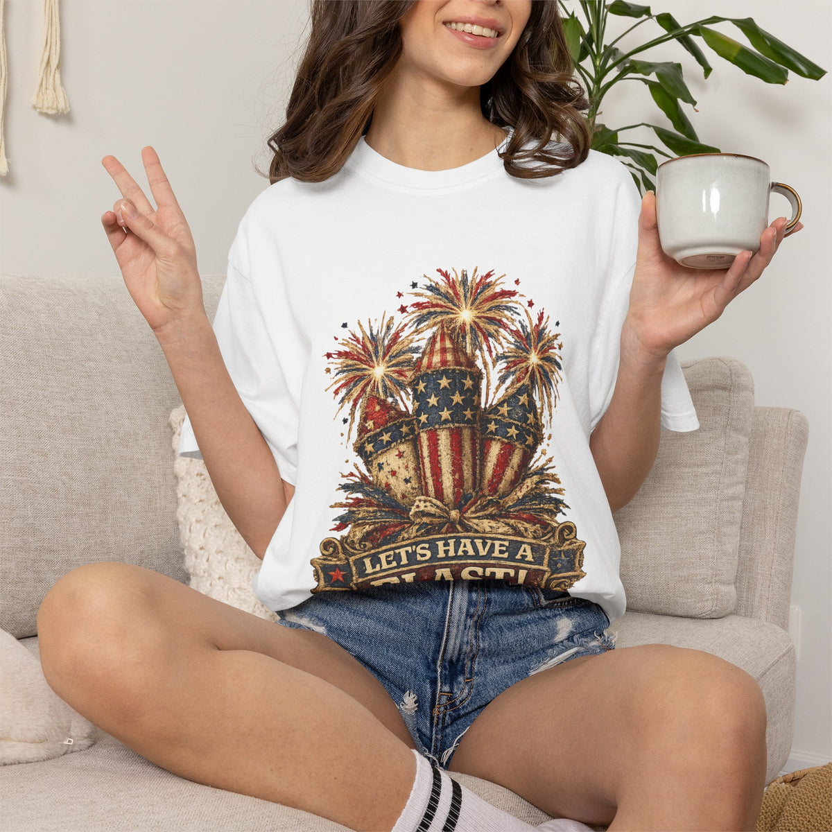 Patriotic Fabric Firecracker Faux Patchwork Comfort Colors T Shirt Vintage Americana Fourth of July Graphic Tee