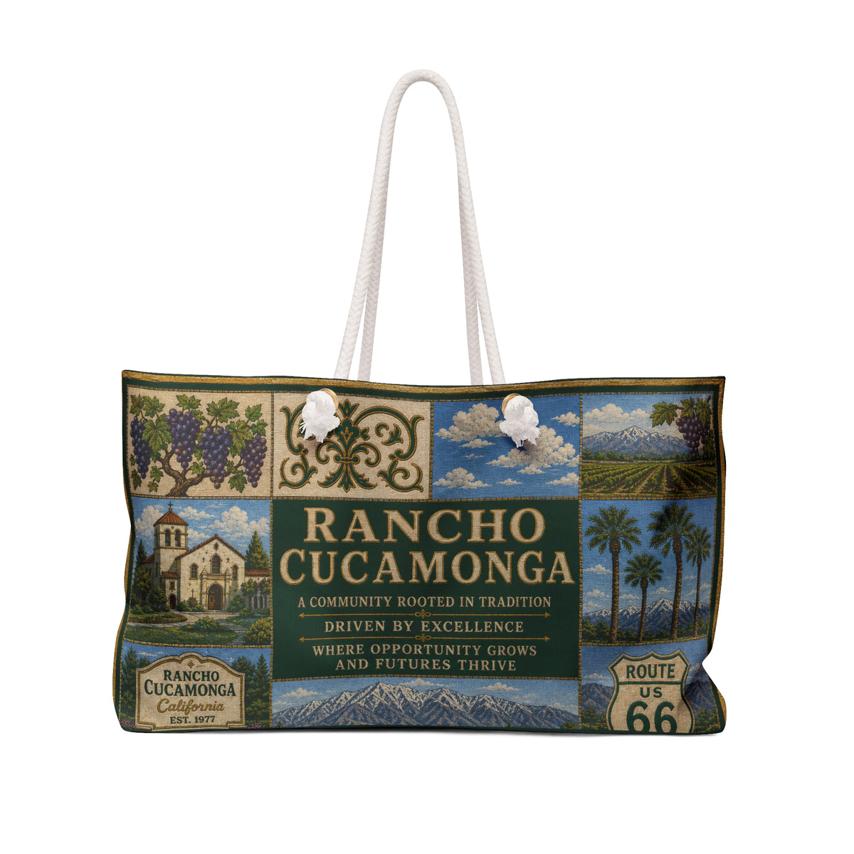 Rancho Cucamonga California Weekender Bag Route 66 Mountain Vineyard Faux Patchwork Travel Tote City Adventure Gift