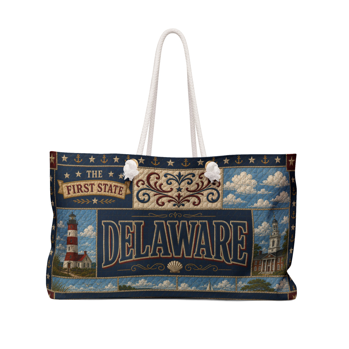 Delaware Weekender Bag The First State Faux Patchwork Travel Tote Historic Coastal Charm Vintage State Souvenir Gift