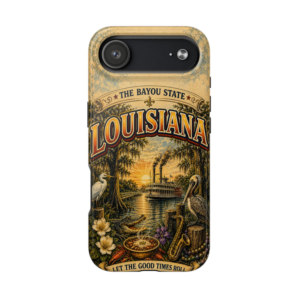 Louisiana Bayou State Faux Patchwork Phone Case – Vintage Travel Poster Style Louisiana Souvenir Cover for iPhone & Samsung