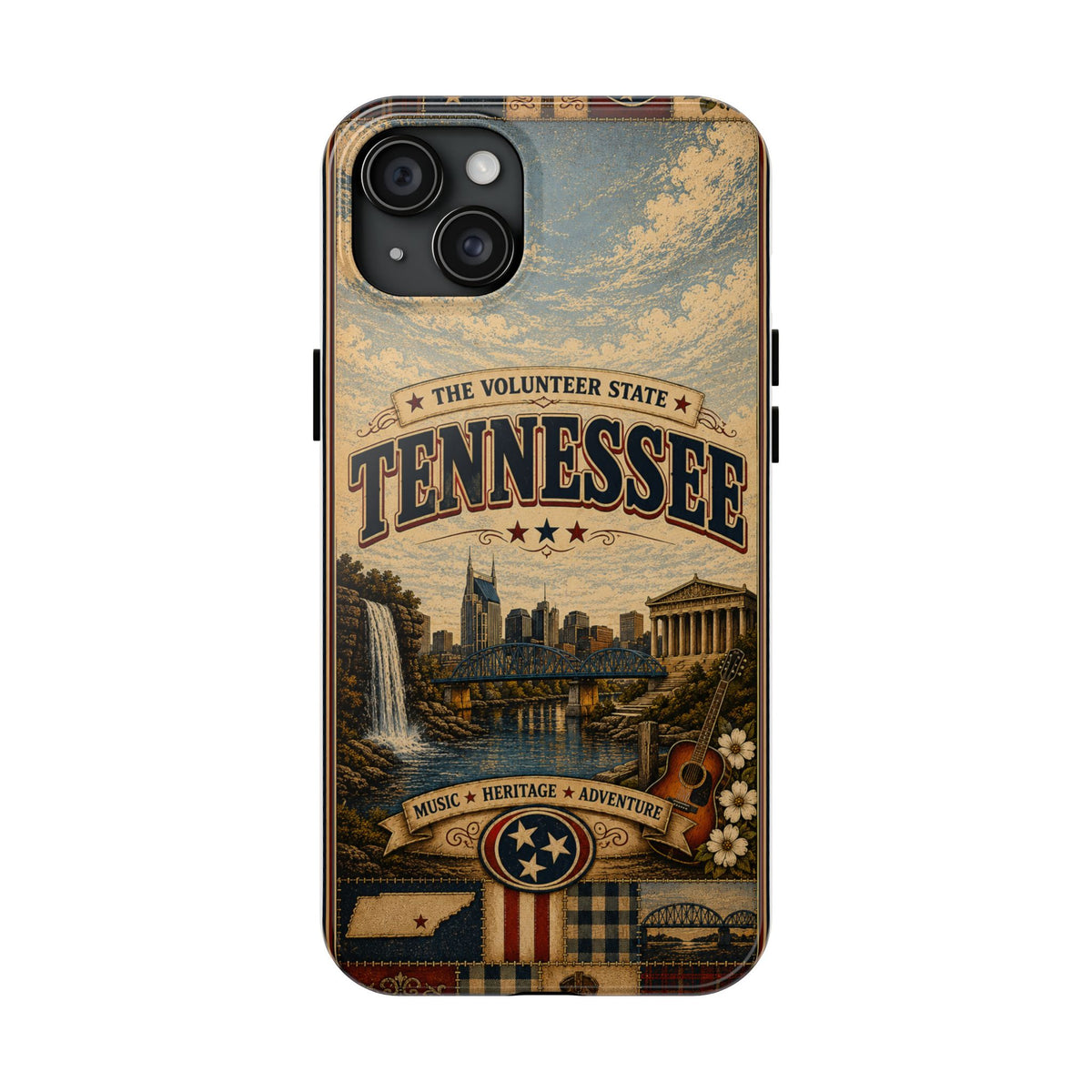 Tennessee Faux Patchwork Phone Case Volunteer State Retro Nashville Skyline Guitar State Pride Cover