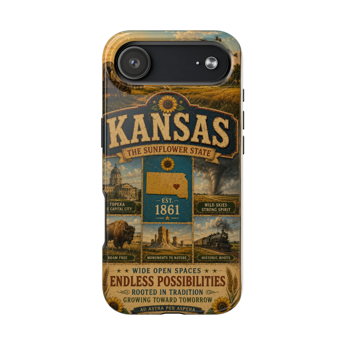 Kansas Faux Patchwork Phone Case – The Sunflower State Vintage Travel Poster Retro State Pride Cover Est 1861 for iPhone & Samsung