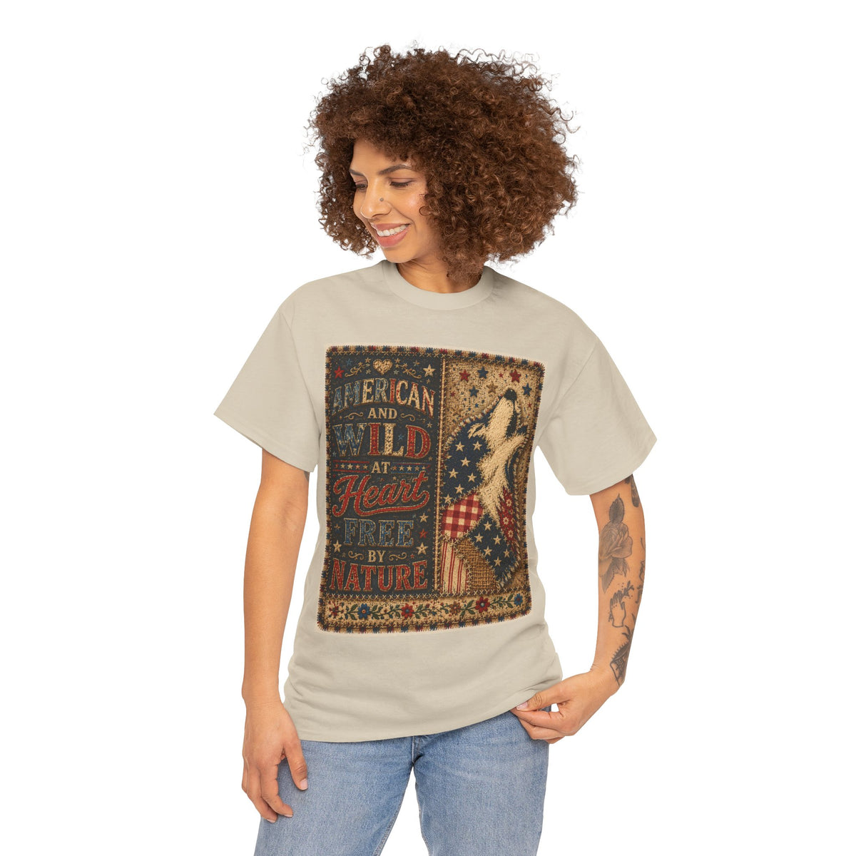 Patriotic Retro Tee – "American and Wild at Heart, Free by Nature" Flag Silhouette Shirt