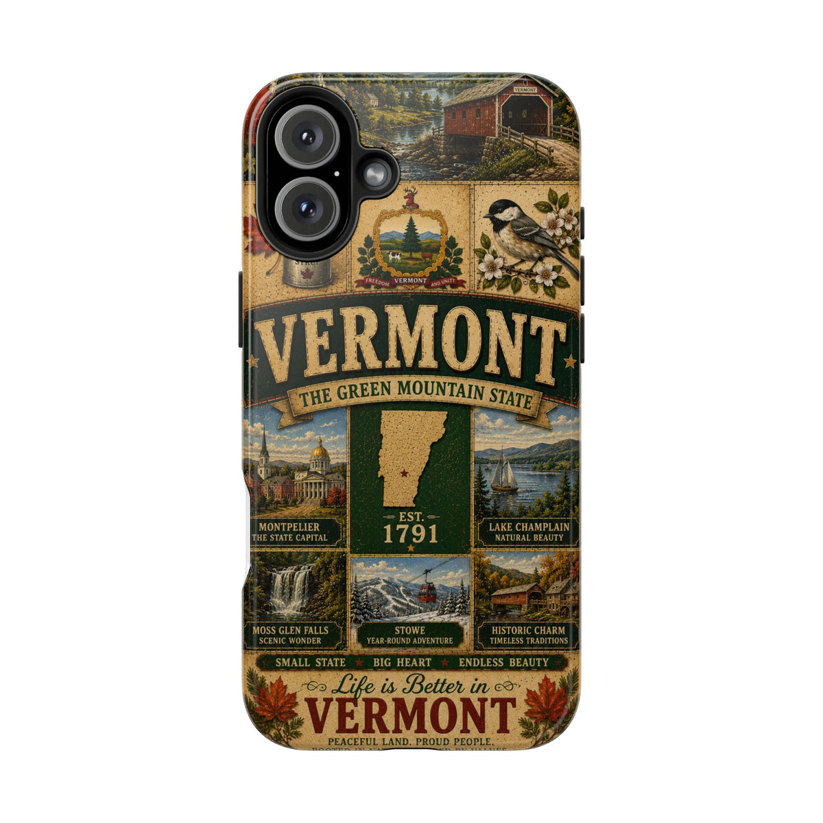 Vermont Faux Patchwork Phone Case The Green Mountain State Vintage Travel Poster Retro State Pride Cover Est 1791