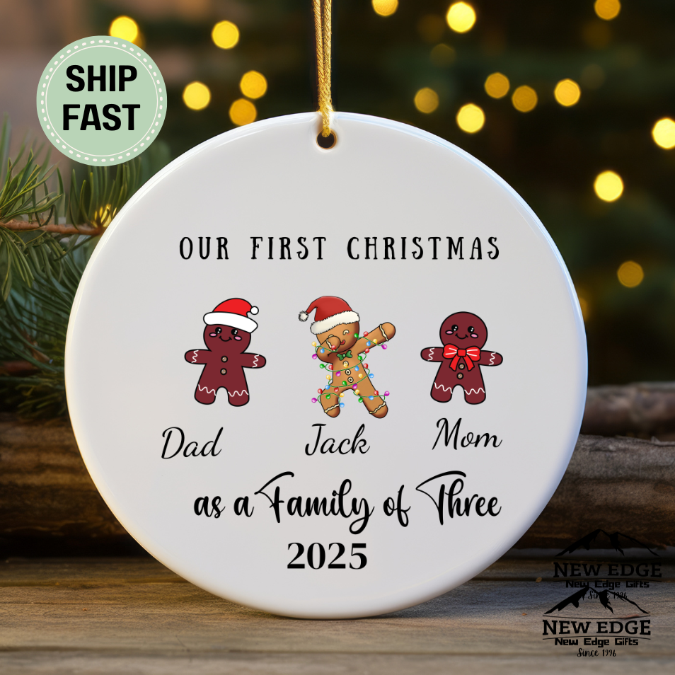 Personalized Family of Three Christmas Ceramic Ornament – Custom Holiday Keepsake